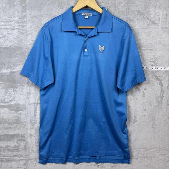 Peter Millar Blue Cotton Polo Shirt 1885 Fox Logo Men Size L Golf Casual Stretch - Picture 2 of 8